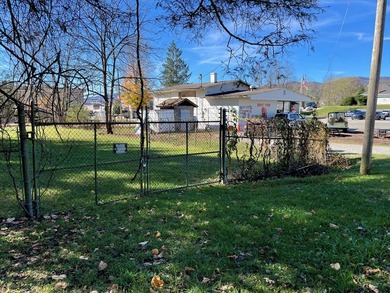 Restaurant building and fenced acreage in the back. Large corner