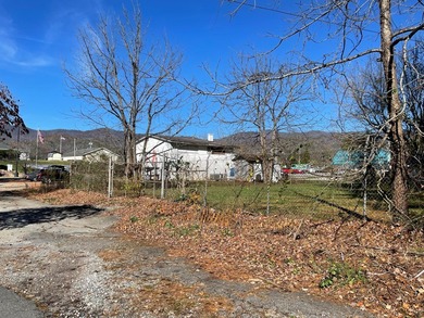Restaurant building and fenced acreage in the back. Large corner