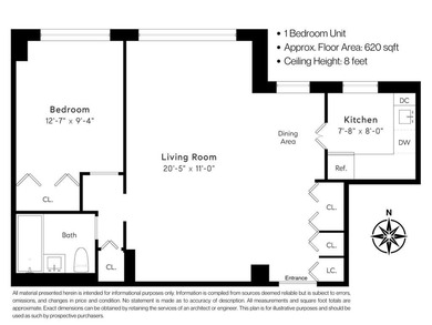 This bright, quiet, 620 square-foot, 1-bedroom, 1-bath, 5-closet